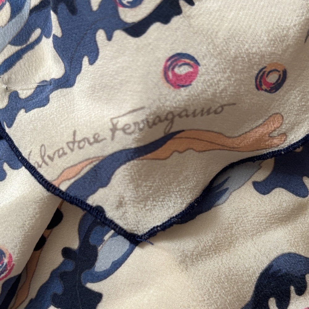 Salvatore Ferragamo Navy and Cream Silk Scarf